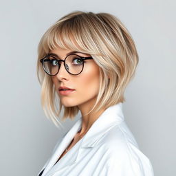A beautiful 30-year-old woman with short, styled blonde hair featuring a messy fringe, wearing a white doctor's lab coat