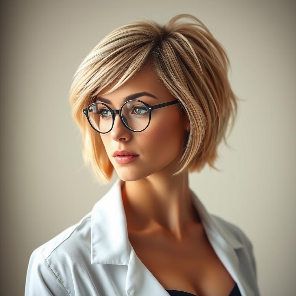 A beautiful 30-year-old woman with short, styled blonde hair featuring a messy fringe, wearing a white doctor's lab coat