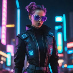 A remarkably beautiful woman dressed in a cyberpunk costume