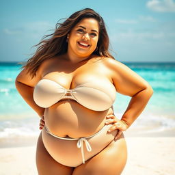 A voluptuous woman with large breasts standing confidently in a stunning beach setting