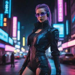 A remarkably beautiful woman dressed in a cyberpunk costume