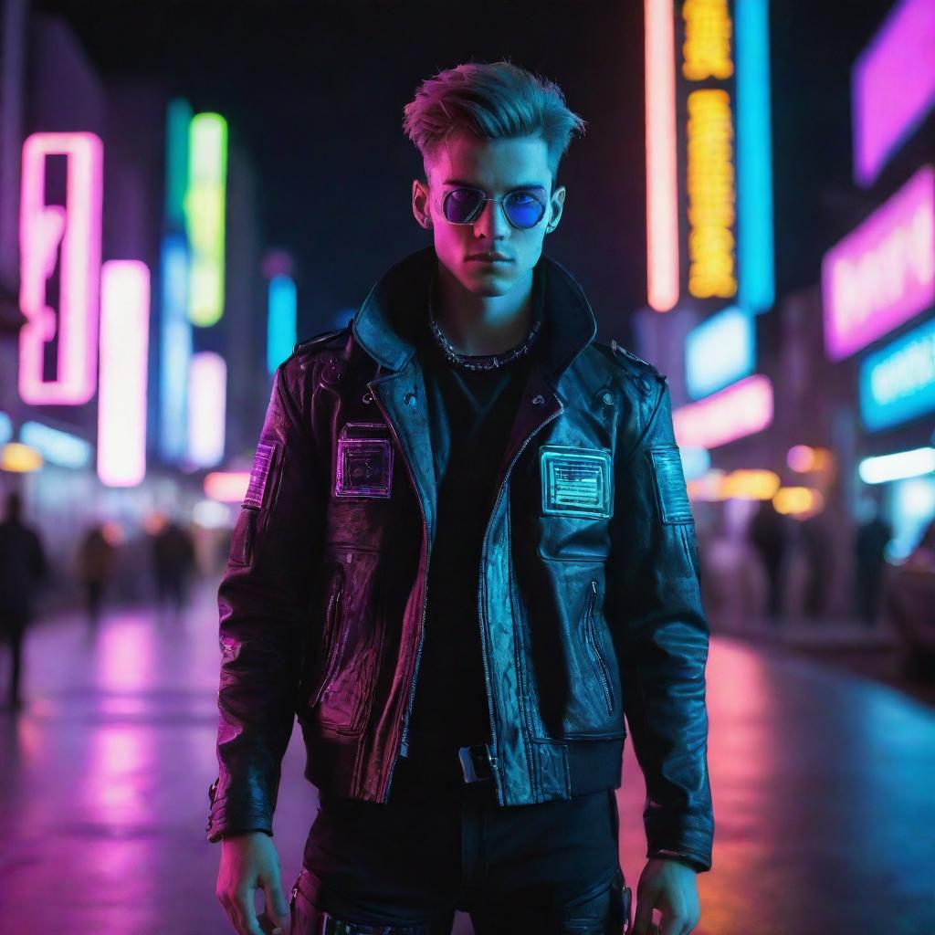 An exceptionally handsome young man dressed in a cyberpunk costume