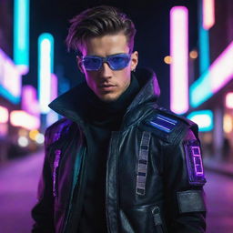 An exceptionally handsome young man dressed in a cyberpunk costume