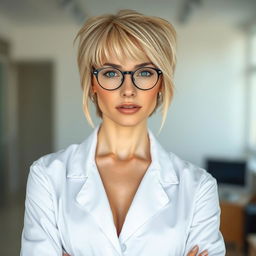 A stunning 30-year-old woman with short, stylish blonde hair featuring a messy fringe at the front