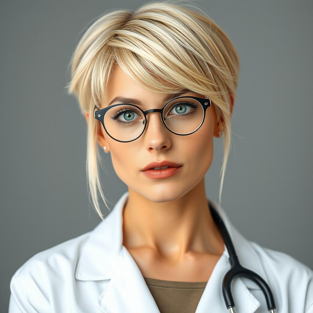 A stunning 30-year-old woman with short, stylish blonde hair featuring a messy fringe at the front