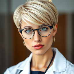A stunning 30-year-old woman with short, stylish blonde hair featuring a messy fringe at the front