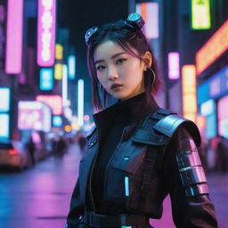 An exceptionally beautiful young Korean woman dressed in a cyberpunk outfit