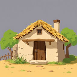 An illustration of a small rustic ranch house (ranchito) featuring a thatched roof, a wooden door, and a window