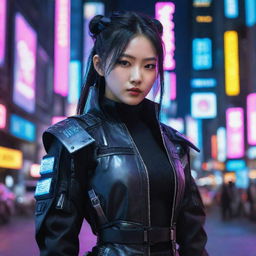 An exceptionally beautiful young Korean woman dressed in a cyberpunk outfit