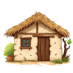 An illustration of a small rustic ranch house (ranchito) featuring a thatched roof, a wooden door, and a window
