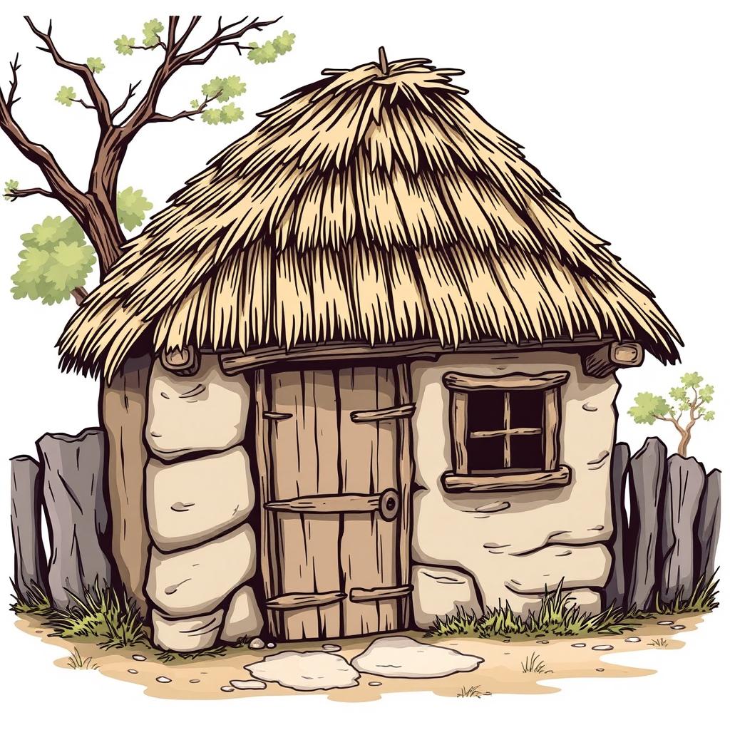 An illustration of a small rustic ranch house (ranchito) featuring a thatched roof, a wooden door, and a window