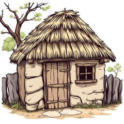 An illustration of a small rustic ranch house (ranchito) featuring a thatched roof, a wooden door, and a window