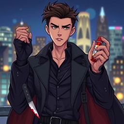 A detailed and vibrant illustration of a character inspired by the concept of a forensic expert who leads a double life as a vigilante, blending elements of science and subtle excitement