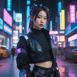 An exceptionally beautiful young Korean woman dressed in a cyberpunk outfit