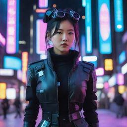 An exceptionally beautiful young Korean woman dressed in a cyberpunk outfit