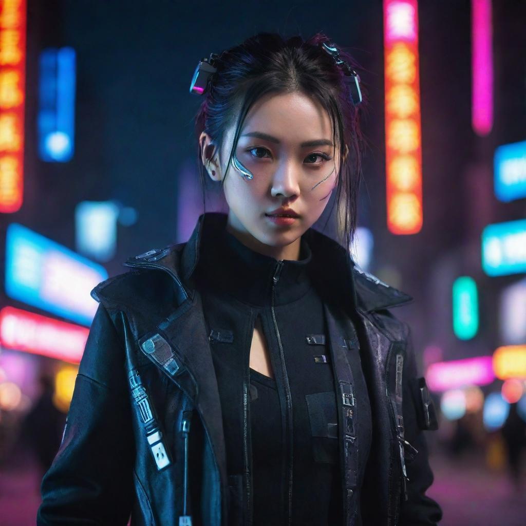 An exceptionally beautiful young Chinese woman dressed in a cyberpunk outfit