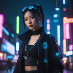 An exceptionally beautiful young Chinese woman dressed in a cyberpunk outfit