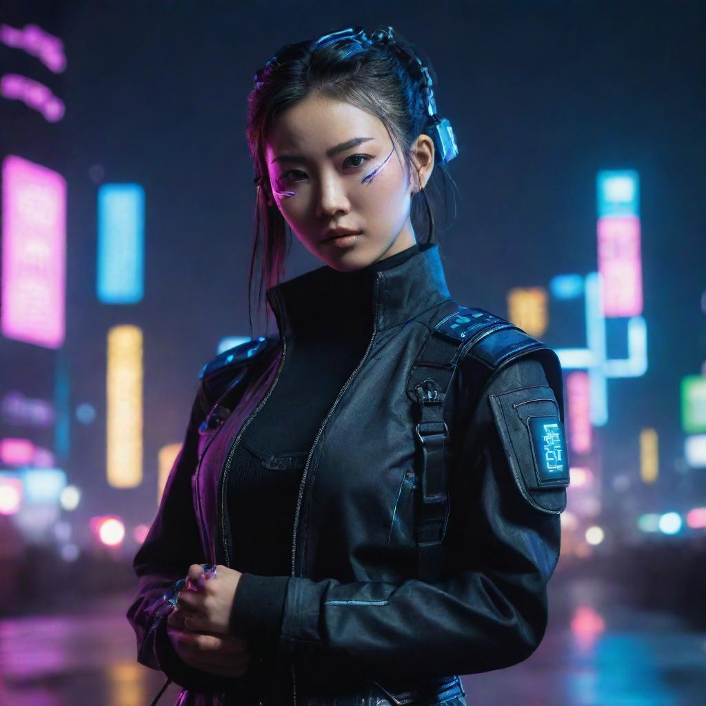 An exceptionally beautiful young Chinese woman dressed in a cyberpunk outfit