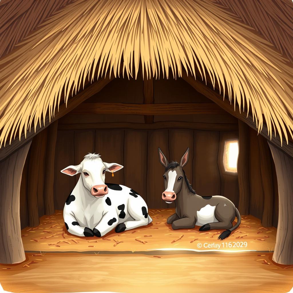 An illustration of a rustic stable (pesebre) with a thatched roof, depicting a serene scene inside featuring a cow and a donkey lying down comfortably