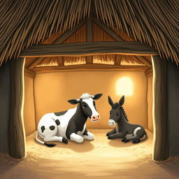 An illustration of a rustic stable (pesebre) with a thatched roof, depicting a serene scene inside featuring a cow and a donkey lying down comfortably