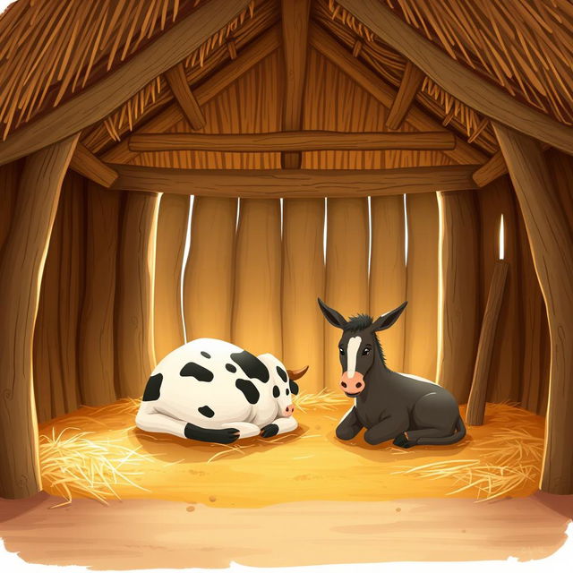 An illustration of a rustic stable (pesebre) with a thatched roof, depicting a serene scene inside featuring a cow and a donkey lying down comfortably