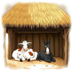 An illustration of a rustic stable (pesebre) with a thatched roof, depicting a serene scene inside featuring a cow and a donkey lying down comfortably