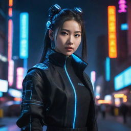 An exceptionally beautiful young Chinese woman dressed in a cyberpunk outfit