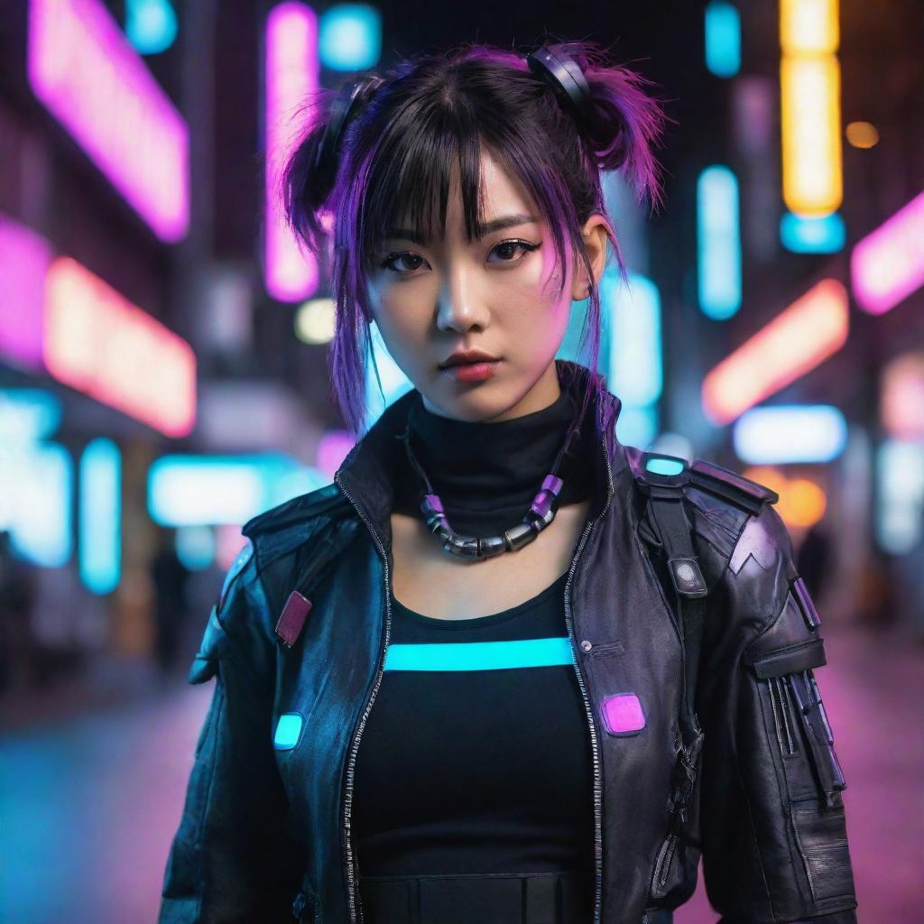 An exceptionally beautiful young Japanese woman dressed in a cyberpunk outfit