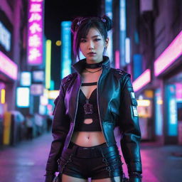 An exceptionally beautiful young Japanese woman dressed in a cyberpunk outfit