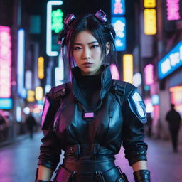 An exceptionally beautiful young Japanese woman dressed in a cyberpunk outfit