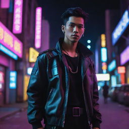 An exceptionally handsome young Indonesian man dressed in a cyberpunk outfit