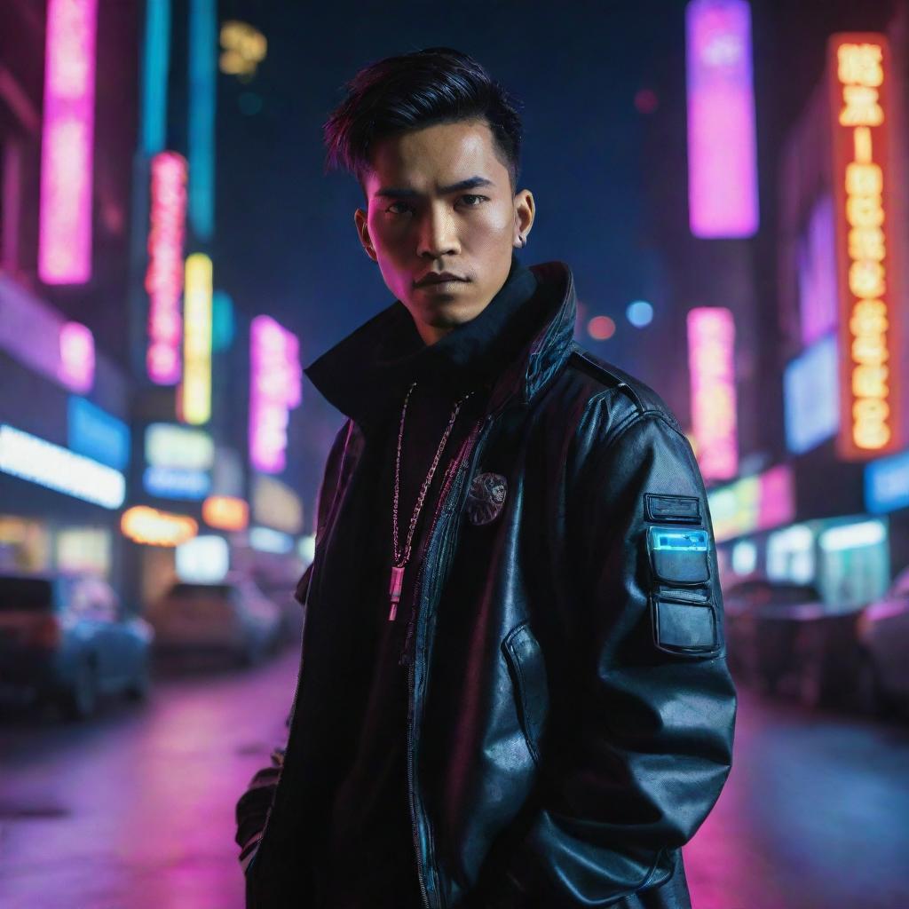 An exceptionally handsome young Indonesian man dressed in a cyberpunk outfit