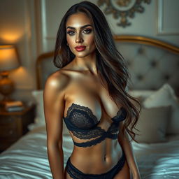 A stunningly beautiful woman in a captivating seductive pose, dressed in elegant black lingerie that accentuates her curves