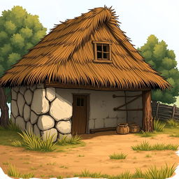 An illustration of a rustic stable (pesebre) with a thatched roof
