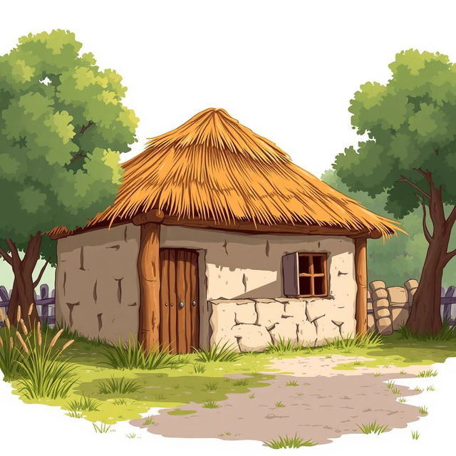 An illustration of a rustic stable (pesebre) with a thatched roof