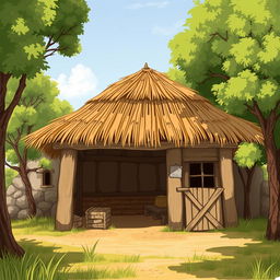 An illustration of a rustic stable (pesebre) with a thatched roof