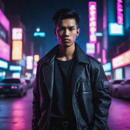 An exceptionally handsome young Indonesian man dressed in a cyberpunk outfit