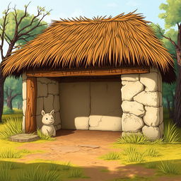 An illustration of a rustic stable (pesebre) with a thatched roof