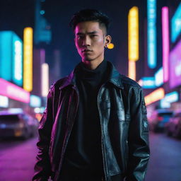 An exceptionally handsome young Indonesian man dressed in a cyberpunk outfit