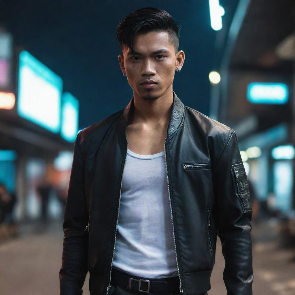 A dashing young Indonesian gangster, dressed in slick cyberpunk attire.