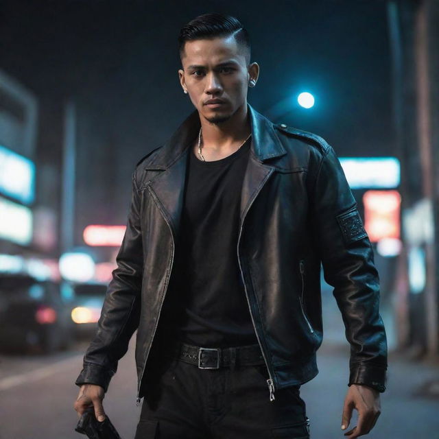 A dashing young Indonesian gangster, dressed in slick cyberpunk attire.