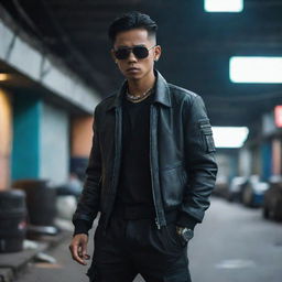 A dashing young Indonesian gangster, dressed in slick cyberpunk attire.