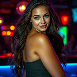A stunning and seductive young woman with long flowing hair, wearing a form-fitting, elegant dress that highlights her curves