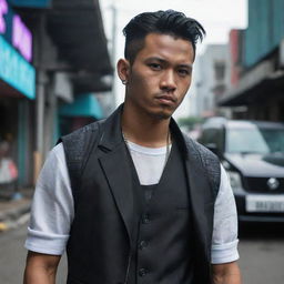 A dashing young Indonesian gangster, dressed in slick cyberpunk attire.