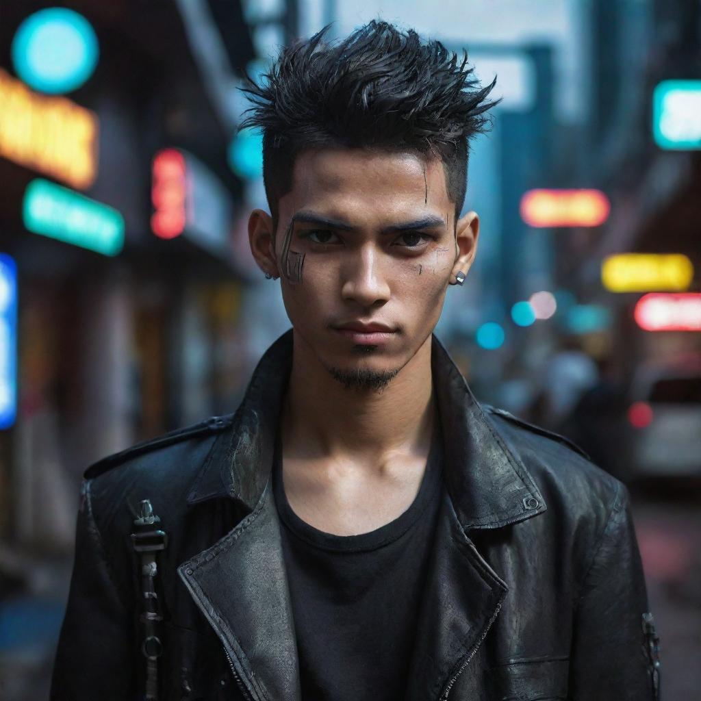 A handsome young man from Java Island transformed into a striking cyberpunk character.