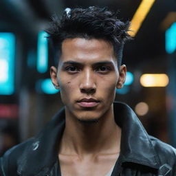 A handsome young man from Java Island transformed into a striking cyberpunk character.