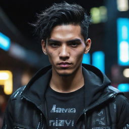 A handsome young man from Java Island transformed into a striking cyberpunk character.