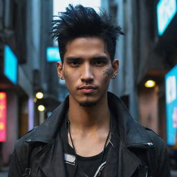 A handsome young man from Java Island transformed into a striking cyberpunk character.