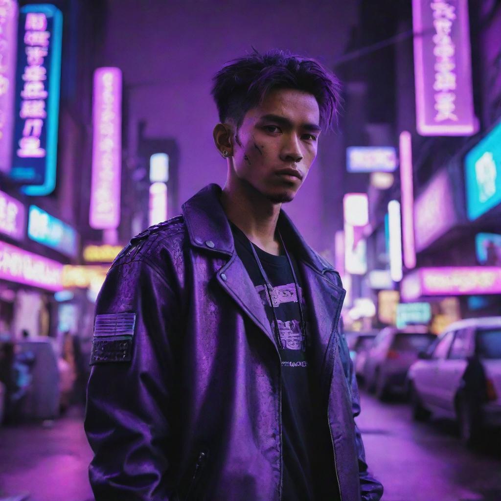 A Javanese young man in cyberpunk attire amidst a cityscape bathed in neon purple lights.