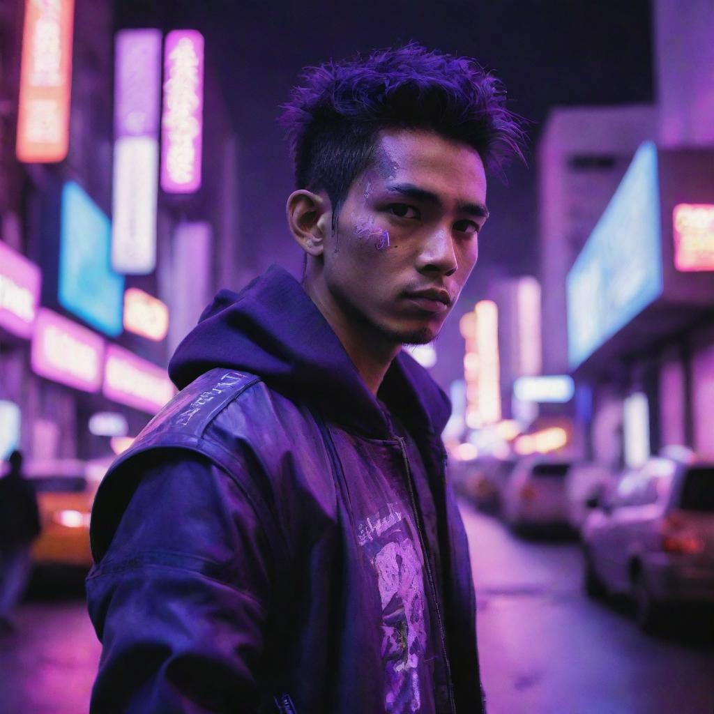 A Javanese young man in cyberpunk attire amidst a cityscape bathed in neon purple lights.